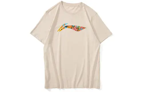 Li Ning T Shirts Men's Oat Gray Crew Neck Moderate Straight Fit