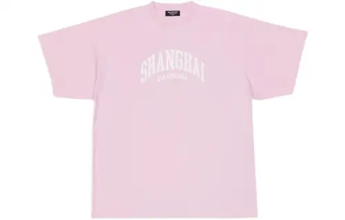 Balenciaga T Shirts Unisex Pink Crew Neck Moderate Straight Fit