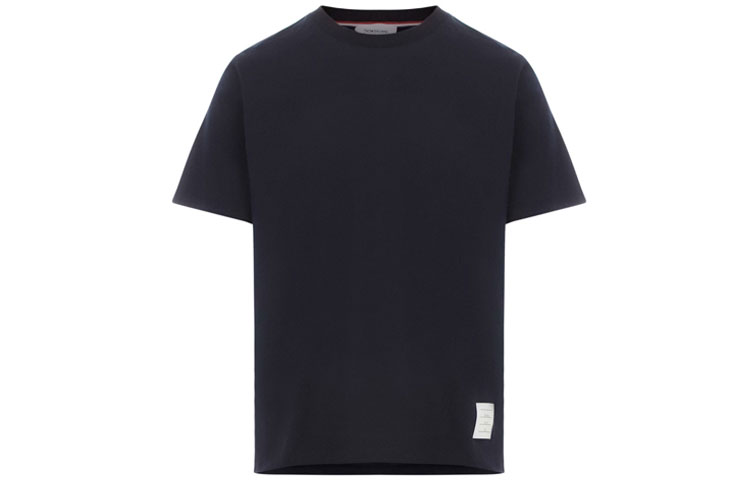 THOM BROWNE Tom Brown FW21 tricolor grosgrain decorated cotton round neck straight short-sleeved T-shirt men's navy blue