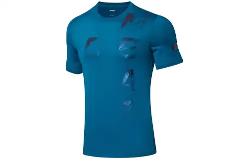Li Ning Badminton Collection T Shirts Men's Blue Crew Neck Moderate Straight Fit