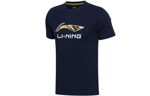 Li Ning T Shirts Men's Ink Blue Crew Neck Moderate Straight Fit