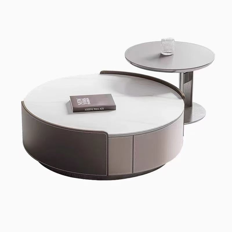 Jingshan Baisui Italian Minimalist Simple Modern Modern Saddle Leather Light Luxury Simple Scalable Small Apartment Living Room Round Coffee Table Side Table Combination
