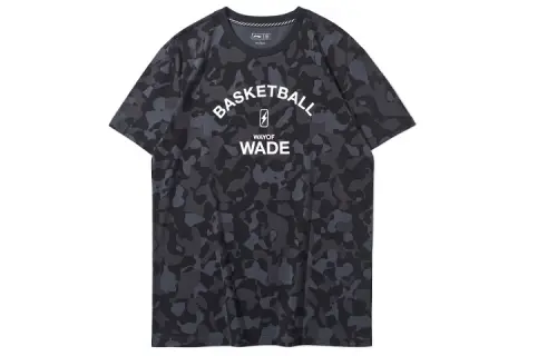 Li Ning T Shirts Men's New Standard Black Print Crew Neck Moderate Straight Fit
