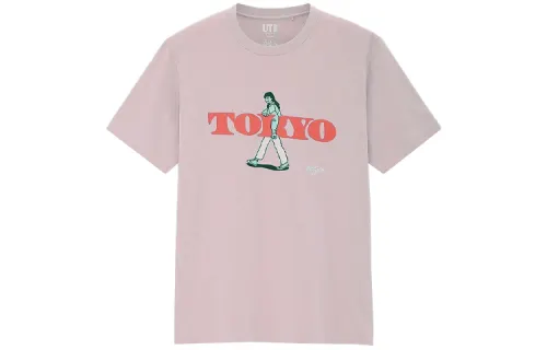 UNIQLO T Shirts Unisex Pink Crew Neck Moderate Straight Fit