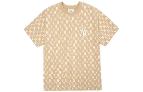 MLB Base Logo T Shirts Unisex Beige Crew Neck Moderate