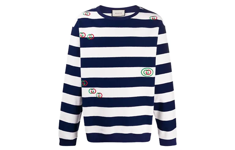 GUCCI T Shirts Men's Blue White Stripes Crew Neck Moderate Straight Fit
