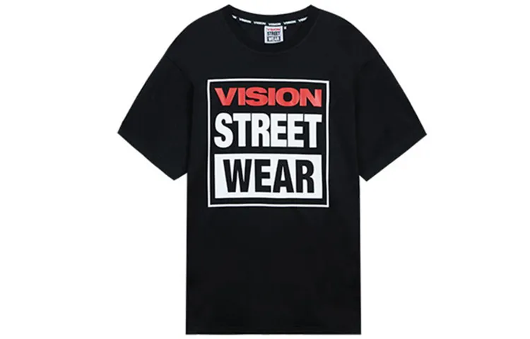 Vision Street Wear T Shirts Unisex Black Crew Neck Thin Straight Fit