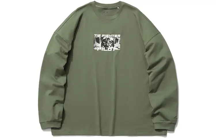 Li Ning X Disney T Shirts Men's Dark Moss Green Crew Neck Moderate Straight Fit