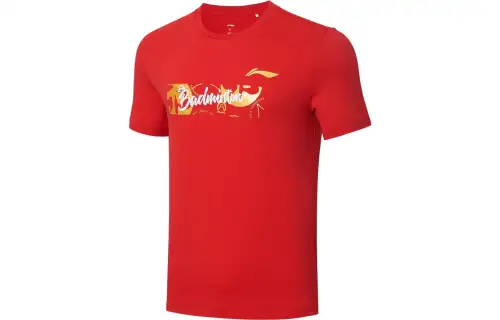 Li Ning Badminton Collection T Shirts Unisex Red Crew Neck Moderate Straight Fit