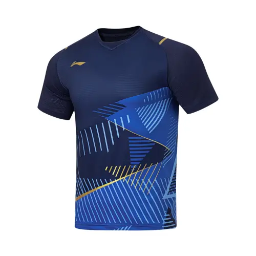 Li Ning Badminton Collection T Shirts Men's Dark Ship Blue V Neck Moderate Other