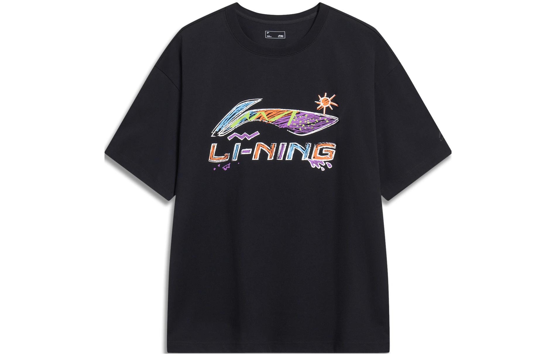 Li Ning, retro comfortable summer black short sleeve T-shirt with a round collar, American style, hand painting, with your logo imprint