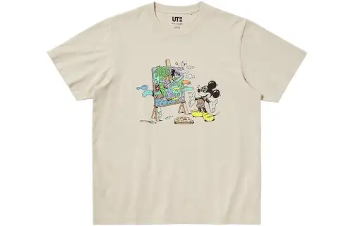 UNIQLO X STEVEN HARRINGTON T Shirts Unisex Light Beige Crew Neck Moderate Straight Fit