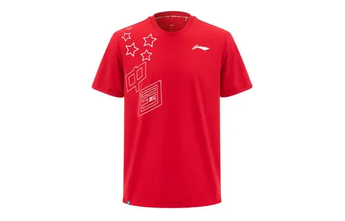 Li Ning Badminton Collection T Shirts Unisex Vermilion Crew Neck Moderate Straight Fit