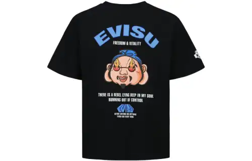 EVISU T Shirts Men's Black Crew Neck Thin Straight Fit