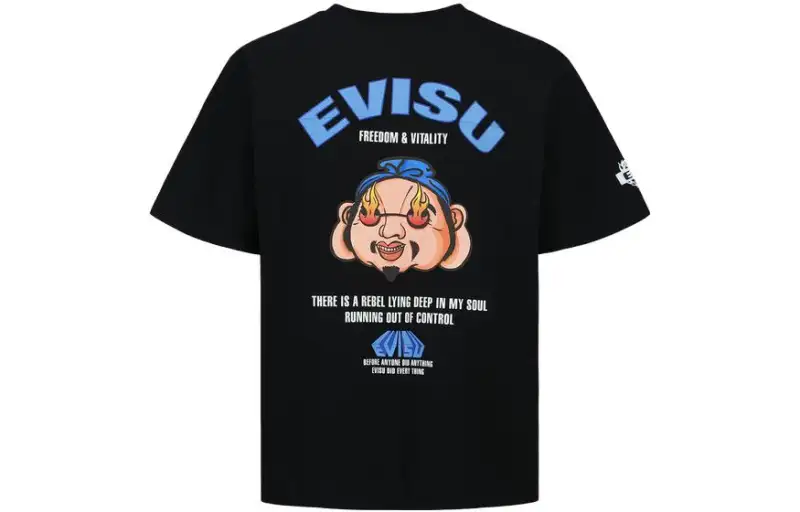 EVISU T Shirts Men's Black Crew Neck Thin Straight Fit