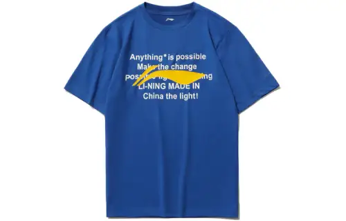 Li Ning Sports Fashion Collection T Shirts Unisex Cloisonne Blue Crew Neck Moderate Straight Fit