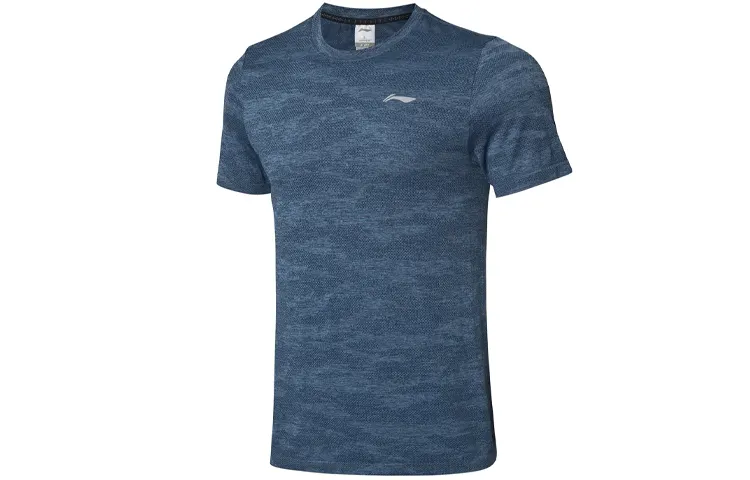 Li Ning Running Collection T Shirts Men's Pirate Blue Crew Neck Moderate Straight Fit