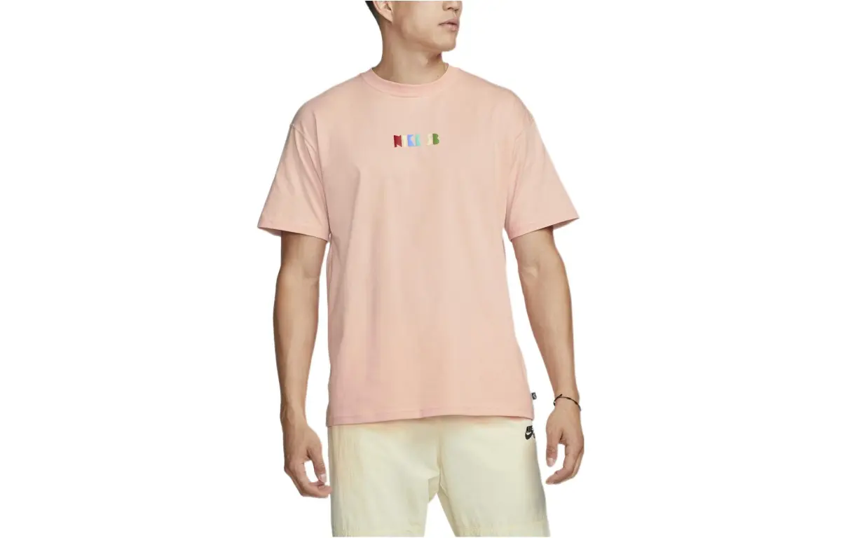Nike T-Shirts Men's Orange Pink Crew Neck Moderate Straight Fit