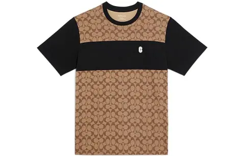 COACH SS22 Men Logo Full Print Patchwork Short Sleeve T-shirt Khaki