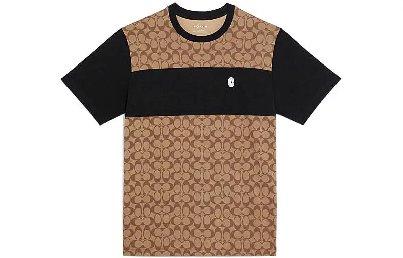 COACH SS22 Men Logo Full Print Patchwork Short Sleeve T-shirt Khaki
