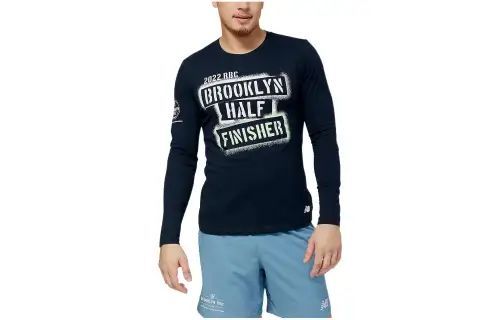 New Balance RBC Brooklyn Half T Shirts Men's Navy Blue Crew Neck Moderate Straight Fit