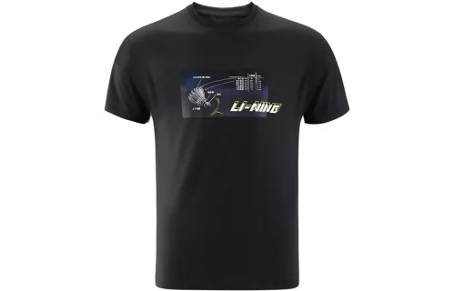 Li Ning Badminton Collection T Shirts Men's Black Crew Neck Moderate Straight Fit