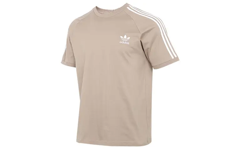 Adidas Originals Embroidered Stripe T Shirts Men's Khaki Crew Neck Moderate Straight Fit