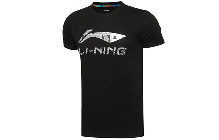 Li Ning T Shirts Men's Black Crew Neck Moderate Straight Fit