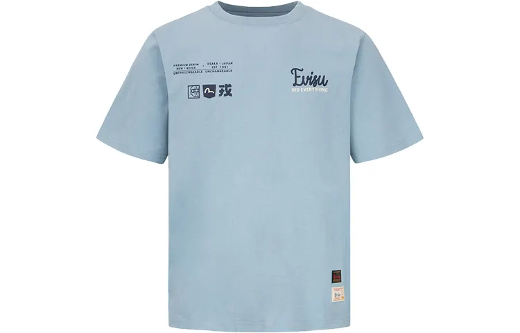 EVISU T Shirts Men's Blue Crew Neck Moderate Straight Fit