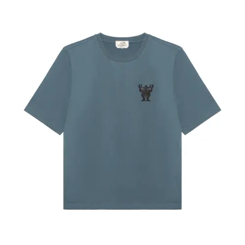 HERMES T Shirts Men's Blue Crew Neck Moderate Straight Fit