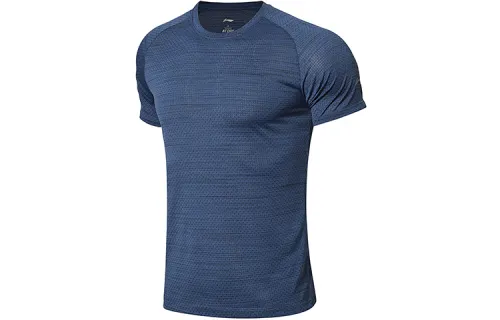 Li Ning Running Collection T Shirts Men's Bay Blue Crew Neck Moderate Straight Fit