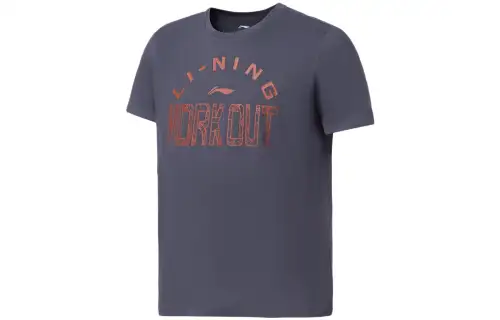 Li Ning Fitness Series T Shirts Men's Surface Gray Crew Neck Moderate Straight Fit