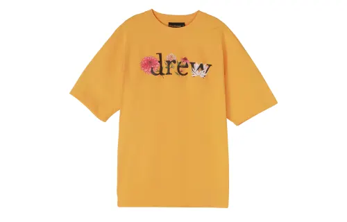 Drew house Letter Logo Series T Shirts Men's Yellow Crew Neck Moderate Straight Fit