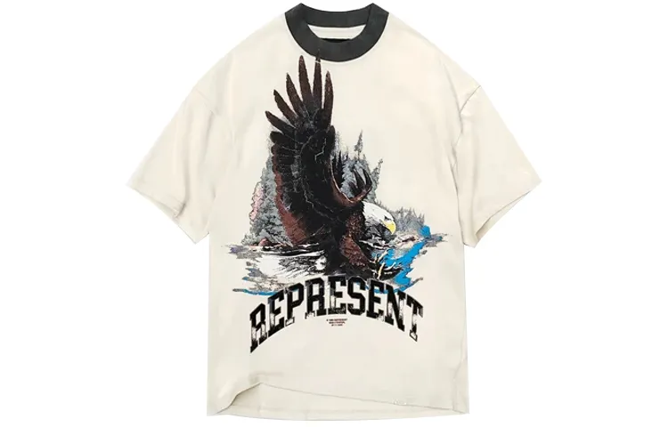 REPRESENT T Shirts Men's Ecru Crew Neck Moderate Straight Fit