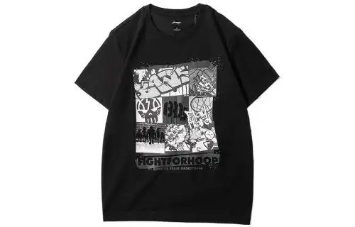 Li Ning T Shirts Unisex Black Crew Neck Moderate Straight Fit