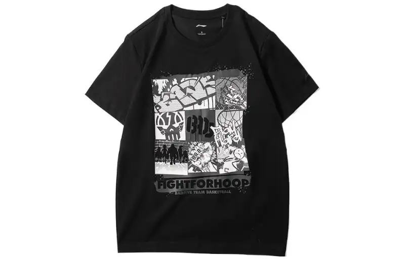 Li Ning T Shirts Unisex Black Crew Neck Moderate Straight Fit
