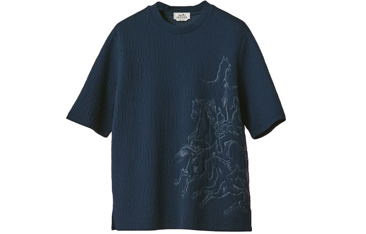 HERMES T Shirts Men's Blue Crew Neck Moderate Straight Fit