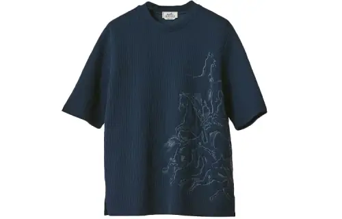 HERMES T Shirts Men's Blue Crew Neck Moderate Straight Fit