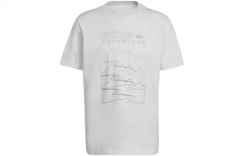 Adidas Originals ADVENTURE MOUNTAIN FRONT T Shirts Men's White Crew Neck Moderate Straight Fit