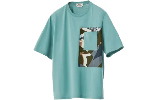 HERMES T Shirts Men's Celadon Blue Crew Neck Moderate Straight Fit
