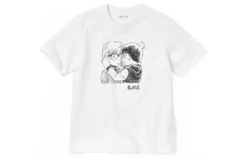 UNIQLO Detective Conan Co Branded T Shirts Unisex White Crew Neck Moderate Straight Fit
