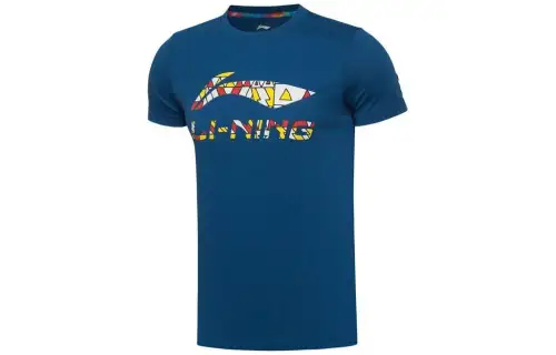 Li Ning T Shirts Men's French Porcelain Blue Crew Neck Moderate Straight Fit