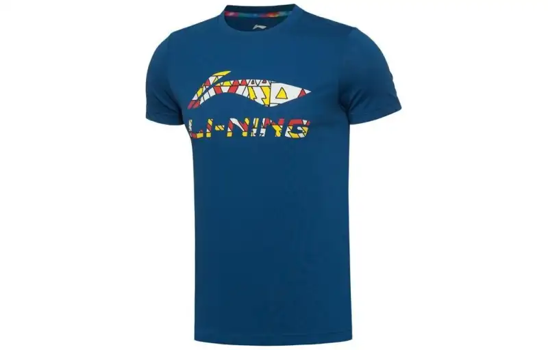 Li Ning T Shirts Men's French Porcelain Blue Crew Neck Moderate Straight Fit