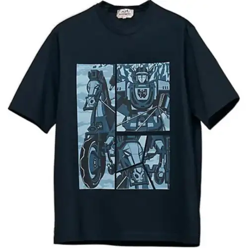 HERMES T Shirts Men's Sea Blue Crew Neck Moderate Straight Fit