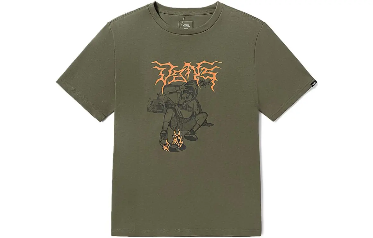 Vans T-Shirts Unisex Army Green Crew Neck Moderate Straight Fit