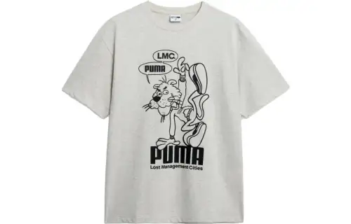 PUMA X LMC T Shirts Unisex Gray Crew Neck Moderate Straight Fit