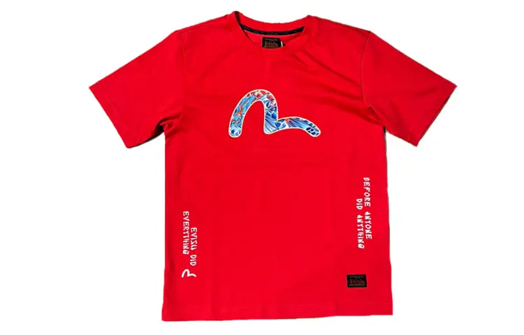 EVISU T Shirts Men's Orange Red Crew Neck Moderate Straight Fit