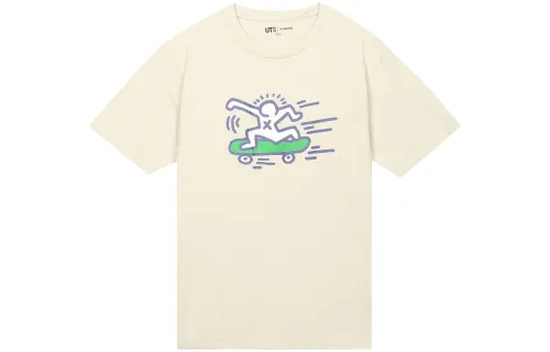 UNIQLO T Shirts Unisex Light Beige Crew Neck Moderate Straight Fit