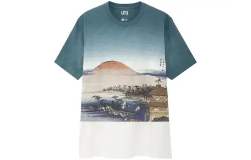 UNIQLO T Shirts Men's Lake Blue Crew Neck Moderate Straight Fit