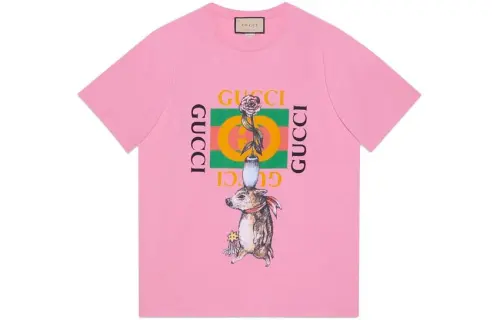GUCCI T Shirts Unisex Pink Crew Neck Moderate Straight Fit